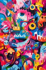 funny colourful chaos with abstract shapes and characters, graffiti style, generated with AI