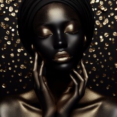 Portrait of a beautiful african woman with gold skin on a dark background