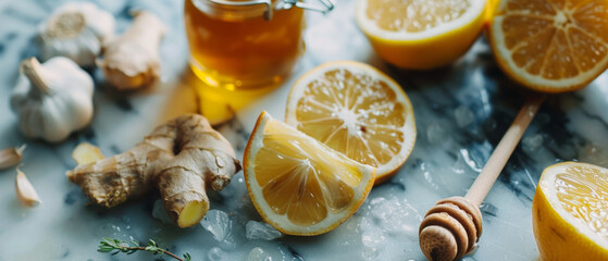 Fresh and wholesome ingredients like lemon, honey, and garlic, hint at a natural remedy. - obrazy, fototapety, plakaty
