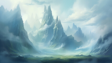 Fantasy epic magic mountain landscape. Mystical winter valley valley, Mountains landscape. Rural nature background.