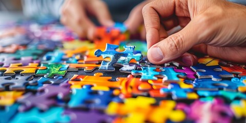 Close up of a person assembling a jigsaw puzzle in the office