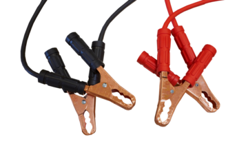 Starter cable isolated, Pair of crocodiles cables isolated on white background, cable with clips for starting the car starter