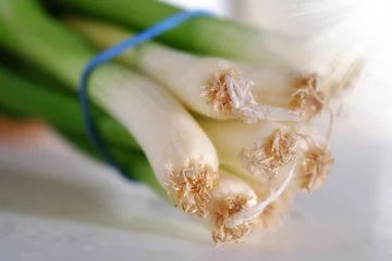 Foto auf Leinwand Vegetable, closeup and spring onions for cooking, food and nutrition at home, house and kitchen with macro on table. Leeks, edible plants and fresh produce for vegan dish, clean eating and diet © peopleimages.com
