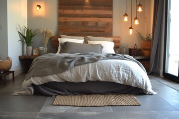 Obraz premium Interior of modern minimalist bedroom with eco design elements. Wooden king-size bed with nightstands. Decorative wall, indoor plants, braided rug, panoramic window with garden view.