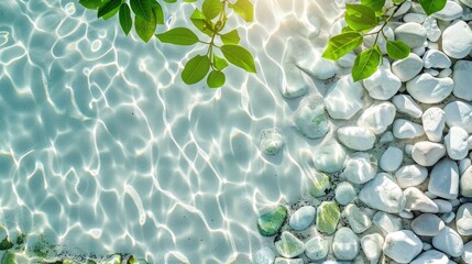 Naklejka na ściany i meble Creative background. White rounded smooth pebble stone and shells under transparent water with waves. Backdrop sea bottom pattern surface. Copy space. Top view