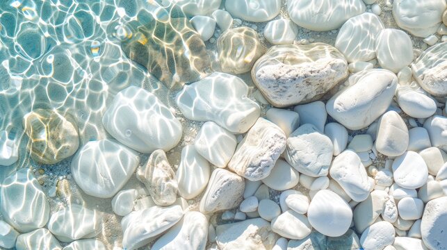 Creative background. White rounded smooth pebble stone and shells under transparent water with waves. Backdrop sea bottom pattern surface. Copy space. Top view