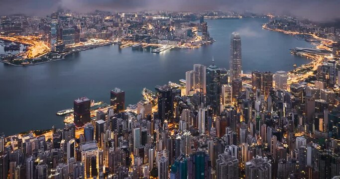 Aerial view Time lapse of Hong Kong city skyline at twilight