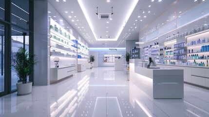Naklejka na ściany i meble Pharmacy, shelf and boxes for wellness, empty or pharmaceutical stock for product, health and interior. Shop, store and retail healthcare with storage, choice or sale for pharma, discount and drugs