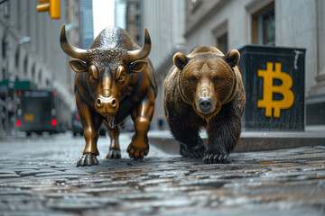 Bull and Bear in front of Bitcoin Cryptocurrency sign running down Wall Street