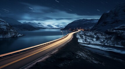 A picturesque Night Landscape of an empty mountain road in winter near high mountains, Lakes during snowfall.