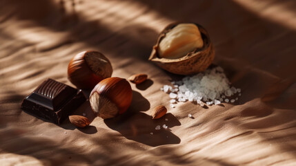 Peeled nuts, salt and delicious piece of dark chocolate on aesthetic dark brown background....