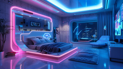 Fototapeta na wymiar A neon-lit bedroom with a futuristic bed and glowing geometric patterns on the wall
