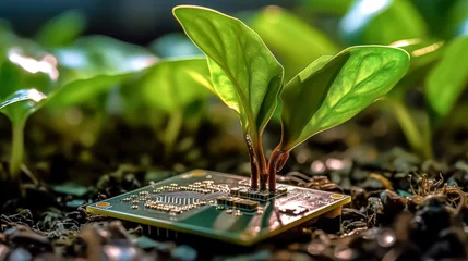 Tuinposter a computer chip illustrates an eco friendly concept of new life © Алла Морозова