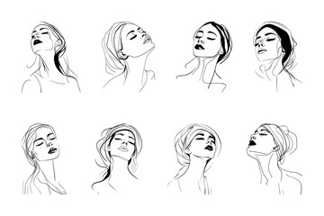 set of fashion Hand-drawn abstract female faces line art drawing
