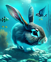 Rabbit in underwater, marine life, fantastic view, illustration art concept, highly detailed, sharp focus, Ai Generative