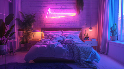 A neon-lit bedroom with a futuristic bed and glowing geometric patterns on the wall - obrazy, fototapety, plakaty