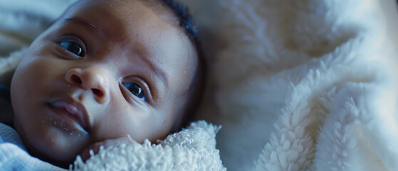 Wide-eyed baby wrapped in soft white, absorbing the world.