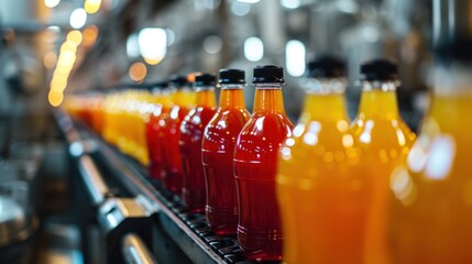 product bottles fruit juice on the conveyor belt in the beverage factory, industrial, manufacture, production, line, plant, technology, juice, machine, machinery, equipment, automated - obrazy, fototapety, plakaty