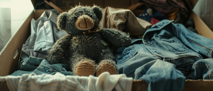 Sentimental teddy bear amidst a box of belongings, evoking nostalgia.