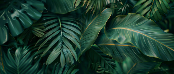 Lush green foliage of tropical leaves, symbolizing growth and vitality.