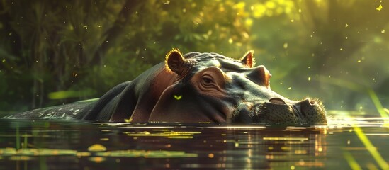 A hippopotamus is submerged in a body of water, enjoying a relaxing dip. The large mammal is peacefully floating in the refreshing water, partly visible through the clear surface.