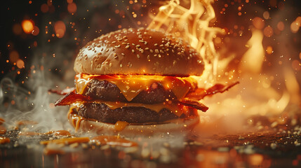 Cheeseburger burns with flames on a dark background