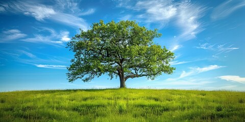A lone tree stands tall amidst vibrant green grass under a bright blue sky - Powered by Adobe
