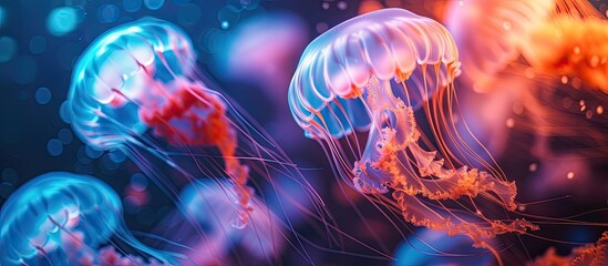 A group of illuminated jellyfish gracefully drifts in the water, their translucent bodies shimmering in the light. Their tentacles gently undulate as they move together in a captivating display. - obrazy, fototapety, plakaty