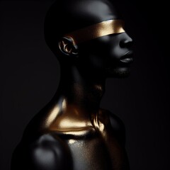 Fashion portrait of a black man with golden skin on a dark background