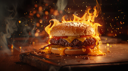 Melted cheese burger on fire, fast food concept