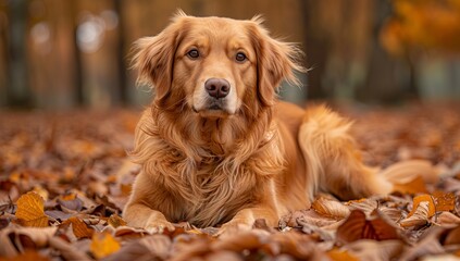Portrait of golden retriever dog lying on autumn leaves in park