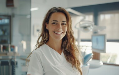 Obraz premium A smiling female dentist stands confidently in her clinic, projecting professionalism and a welcoming atmosphere. The clinic's modern setting complements her friendly demeanor.