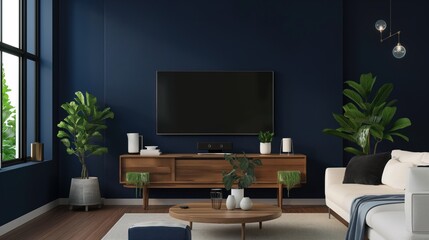 Dark blue wall in night time have tv on wood cabinet in living room with sofa