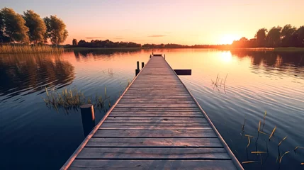 Plexiglas foto achterwand A serene lakeside scene at dusk as smoke drifts over the calm waters © Алла Морозова