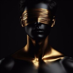 Beautiful man with gold blindfold on her eyes. 