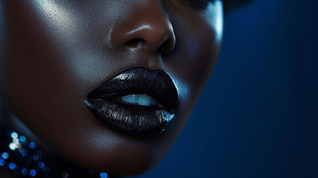 Glamorous black glossy lips close-up. Half-open African female model mouth expresses sensuality and sexuality. Toned image. Beauty and fashion concept.