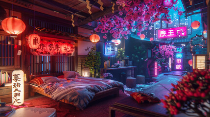 neon bedroom featuring large bed