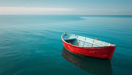 Red fishing boat floats on calm blue sea under clear sky