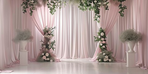 Elegant wedding decor with pink curtains and white flowers
