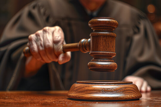 Close-up of a judge's hand holding a sentencing gavel giving a just verdict according to the law. courtroom concept.