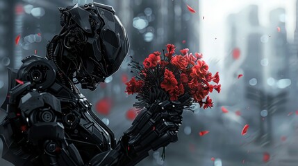 Black machinic Gargoyle robot holding a bouquet of vivid red flowers amidst a dark blurred cyber war
