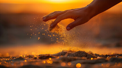 
mão deixando cair areia na praia, luz contra a hora dourada, fotografia bela composição - obrazy, fototapety, plakaty