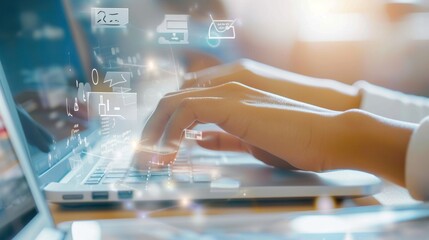 hands typing in front of a computer or laptop. Database Management Technology Concept