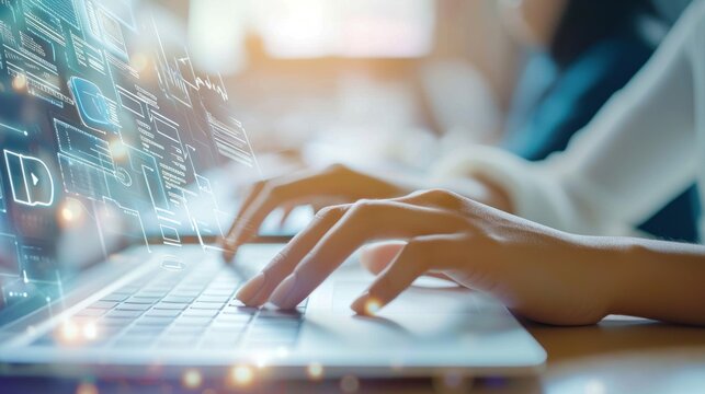 hands typing in front of a computer or laptop. Database Management Technology Concept - Powered by Adobe