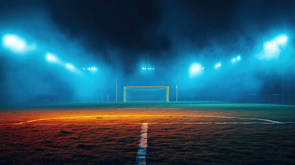 Soccer Game Field with Neon Fog at the Center and Midfield