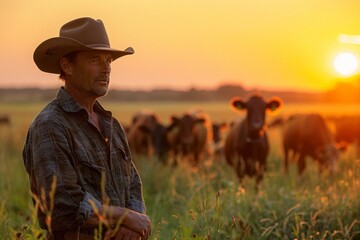 Farmer caring for animals in the soft and warm light during sunset
