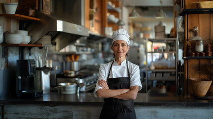 Fototapeta na wymiar Beautiful smiling senior woman chef with arms crossed at the kitchen