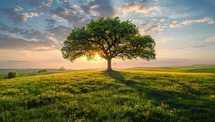 Fototapeta premium Beautiful summer landscape with lonely tree on green meadow at sunset