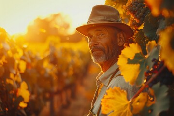 Farmer in a vineyard during the sunset at the countryside