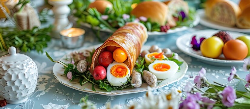 The image shows a close-up of a plate filled with Easter food on a table. The plate contains ham cones filled with veggies, eggs, white borscht with quail egg, and a sausage skewer.